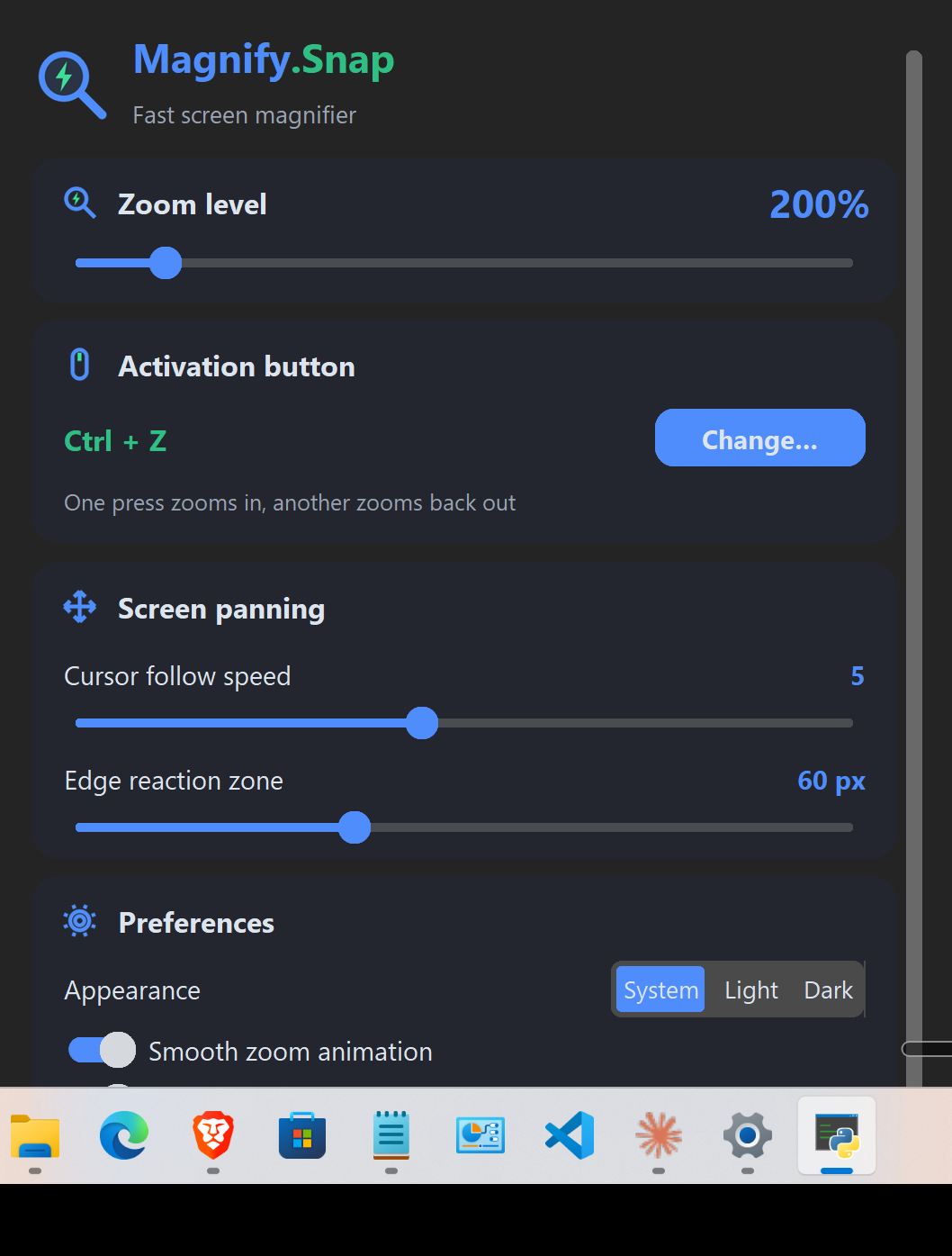 Magnify.Snap settings window